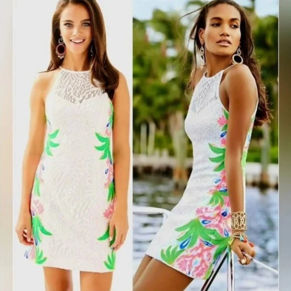Lilly Pulitzer Resort White Pearl Shift Mini Tropical Fruit Lace Dress Size 4